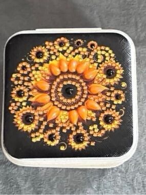 Decorative Black Trinket Jewerly Box with Orange & Yellow Floral Mandala